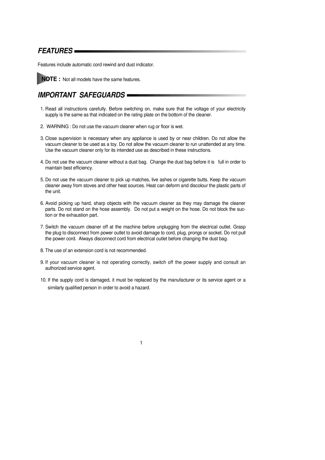 Samsung VC5814HN3M/BOL, VC5814HN3B/BOL manual Features, Important Safeguards 