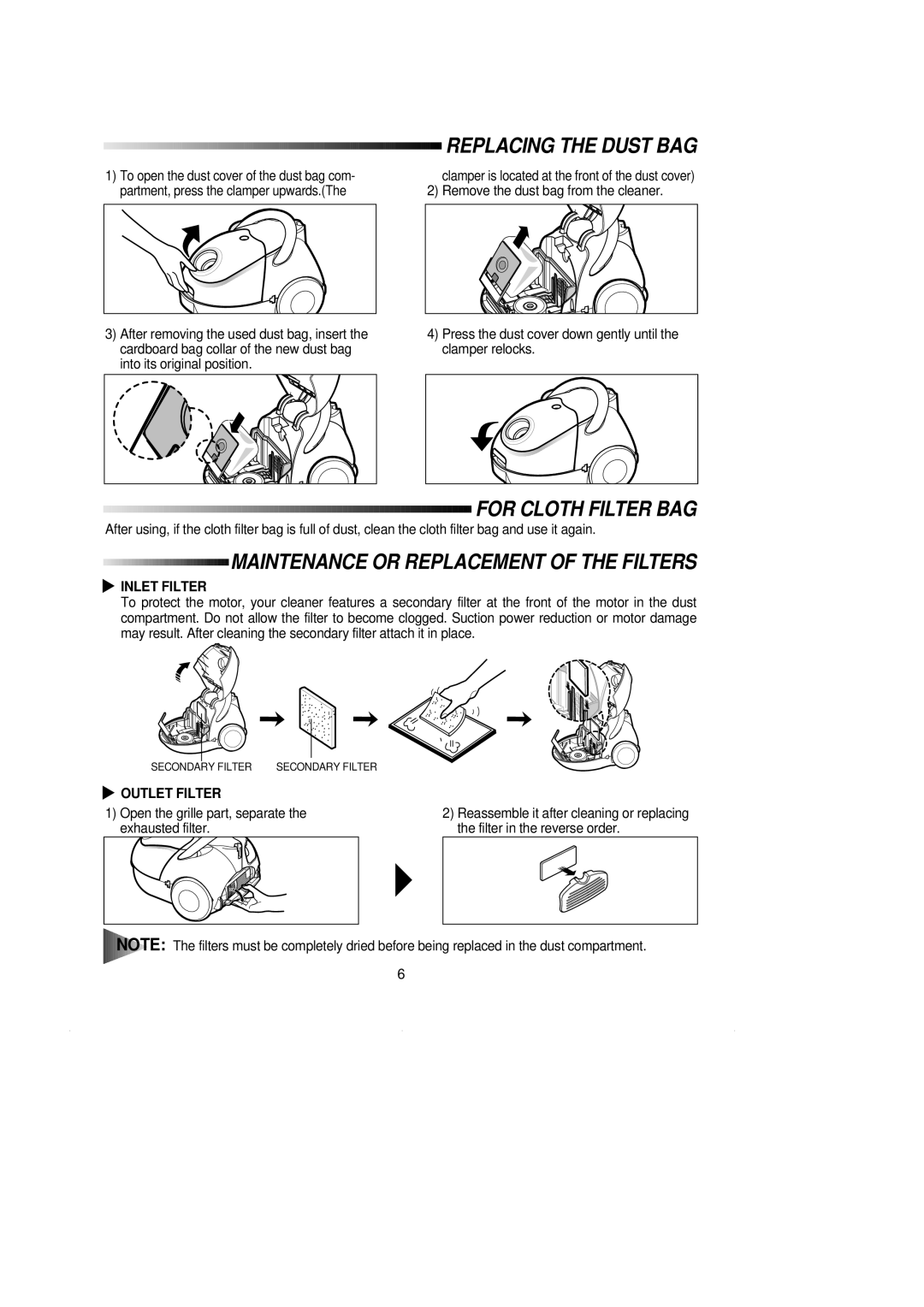 Samsung VC5814HN3B/BOL, VC5814HN3M/BOL manual Replacing the Dust BAG, For Cloth Filter BAG, Inlet Filter, Outlet Filter 