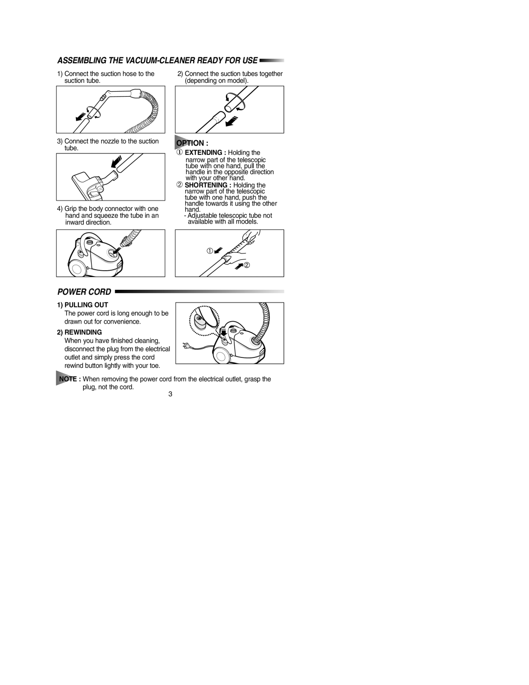 Samsung VC5814VN3K/ERP manual Assembling the VACUUM-CLEANER Ready for USE, Power Cord, ① Extending Holding, Pulling OUT 