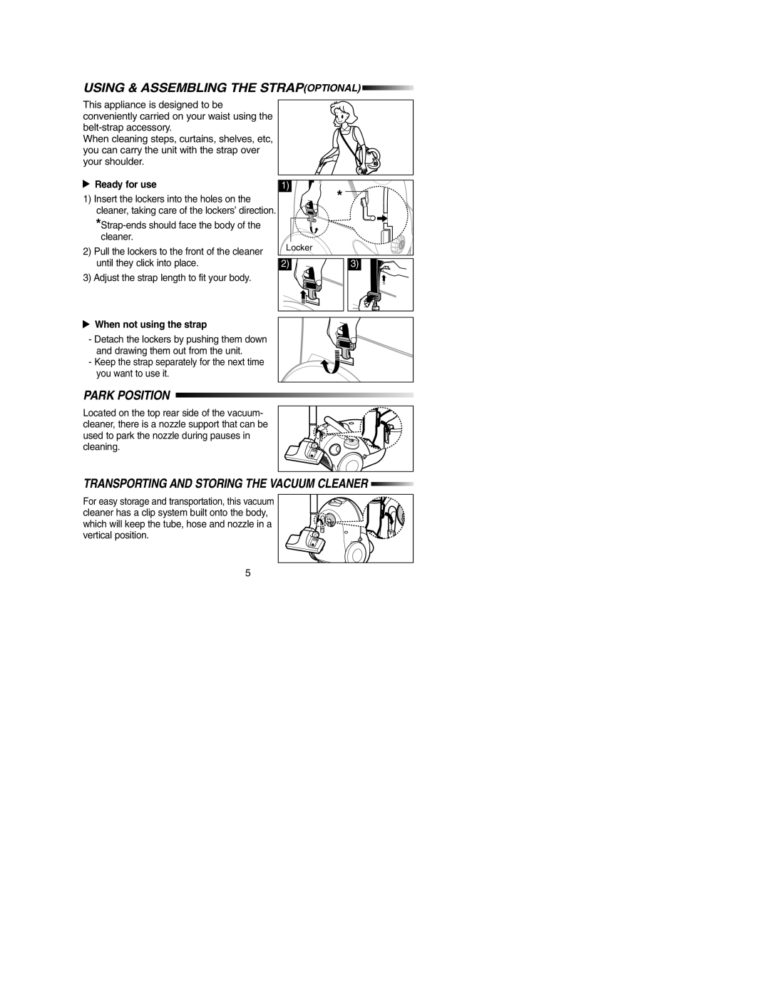 Samsung VC5814VN3R/SML Using & Assembling the Strapoptional, Park Position, Transporting and Storing the Vacuum Cleaner 