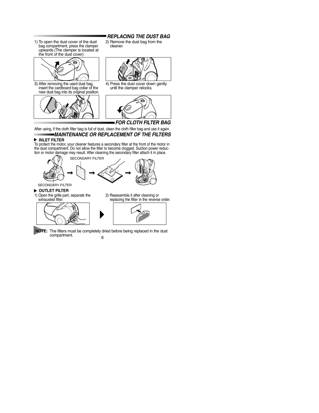 Samsung VC5814VN3K/ERP, VC5814VN3R/SML manual Replacing the Dust BAG, For Cloth Filter BAG, Inlet Filter, Outlet Filter 