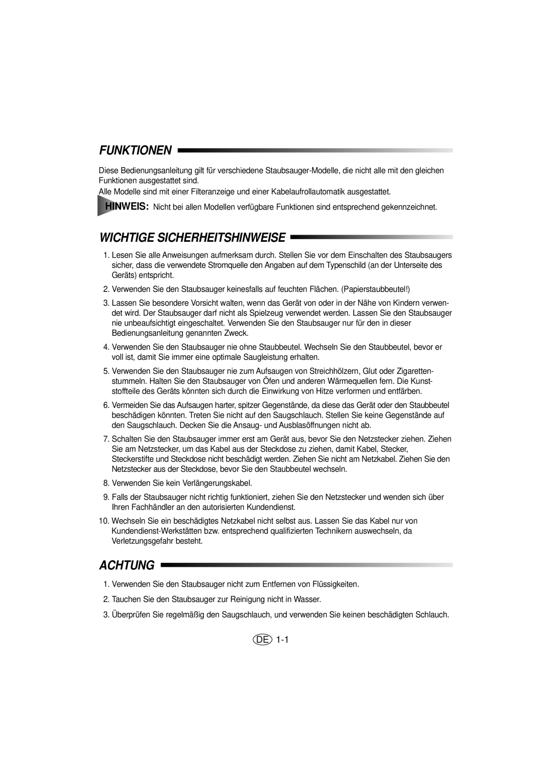 Samsung VC5815VN3S/XEG, VC5816VN3K/XEG manual Funktionen, Wichtige Sicherheitshinweise, Achtung 