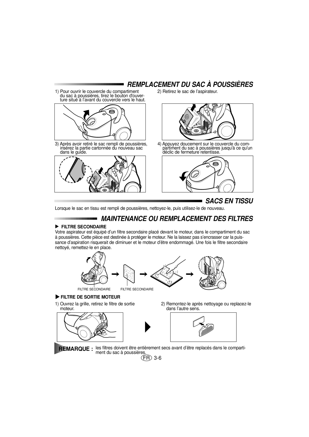 Samsung VC5816VN3K/XEG manual Remplacement DU SAC À Poussières, Sacs EN Tissu, Maintenance OU Remplacement DES Filtres 