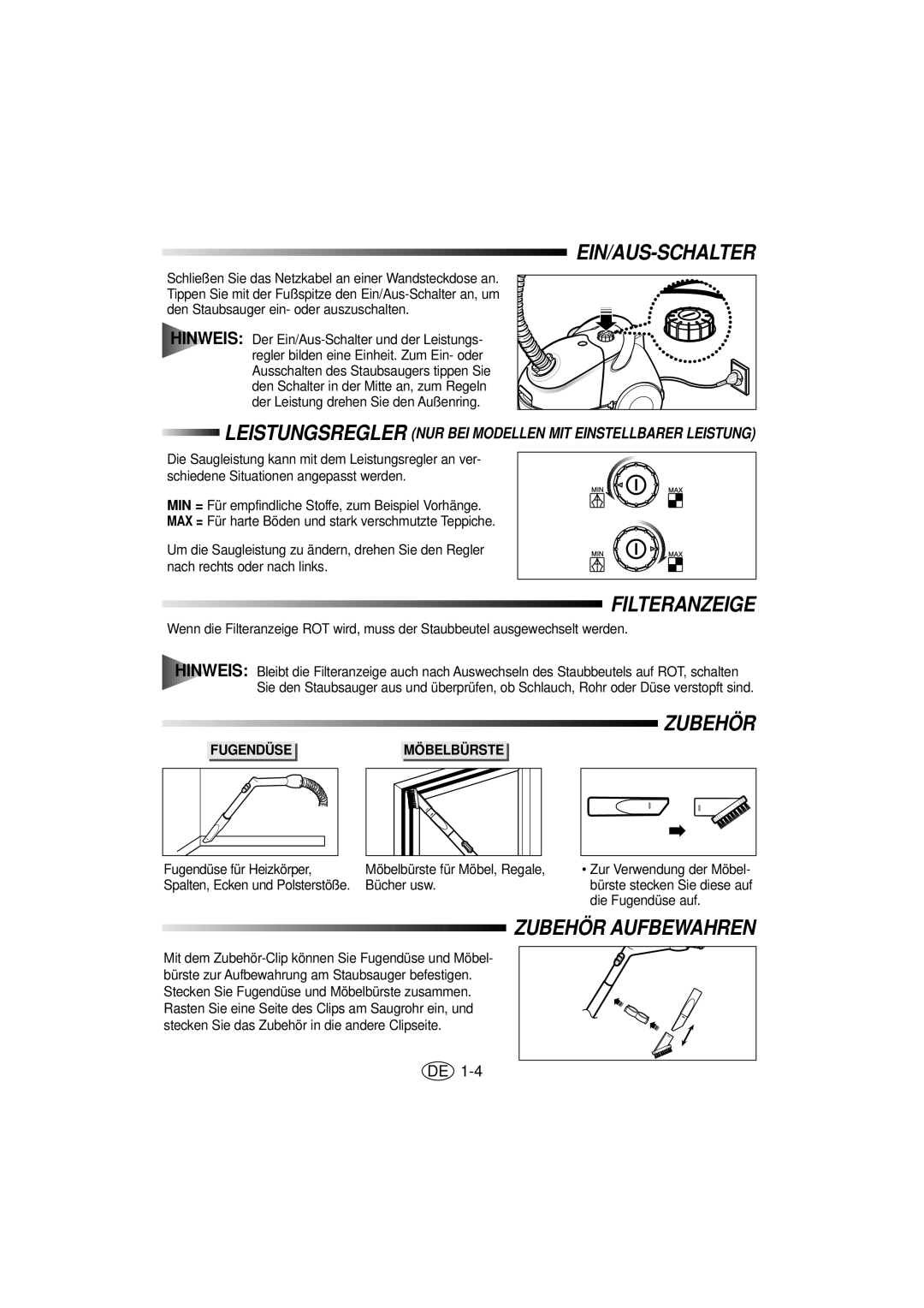 Samsung VC5816VN3K/XEG, VC5815VN3S/XEG manual Ein/Aus-Schalter, Filteranzeige, Zubehör Aufbewahren 