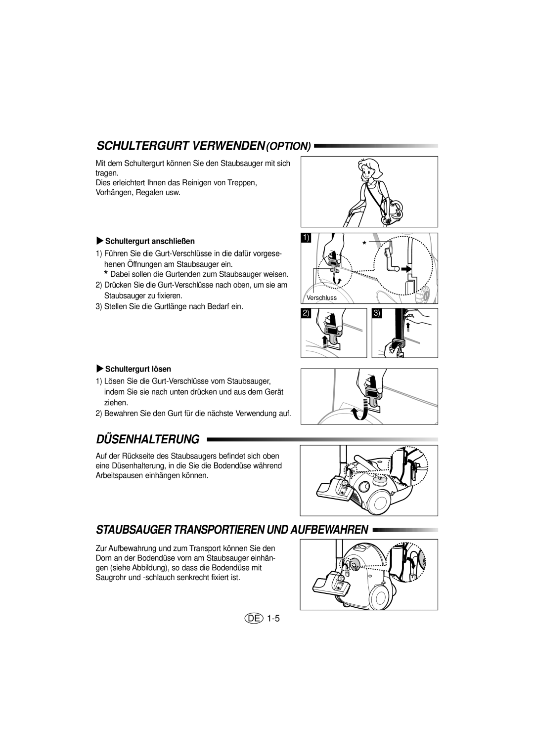 Samsung VC5815VN3S/XEG manual Schultergurt Verwenden Option, Düsenhalterung, Staubsauger Transportieren UND Aufbewahren 