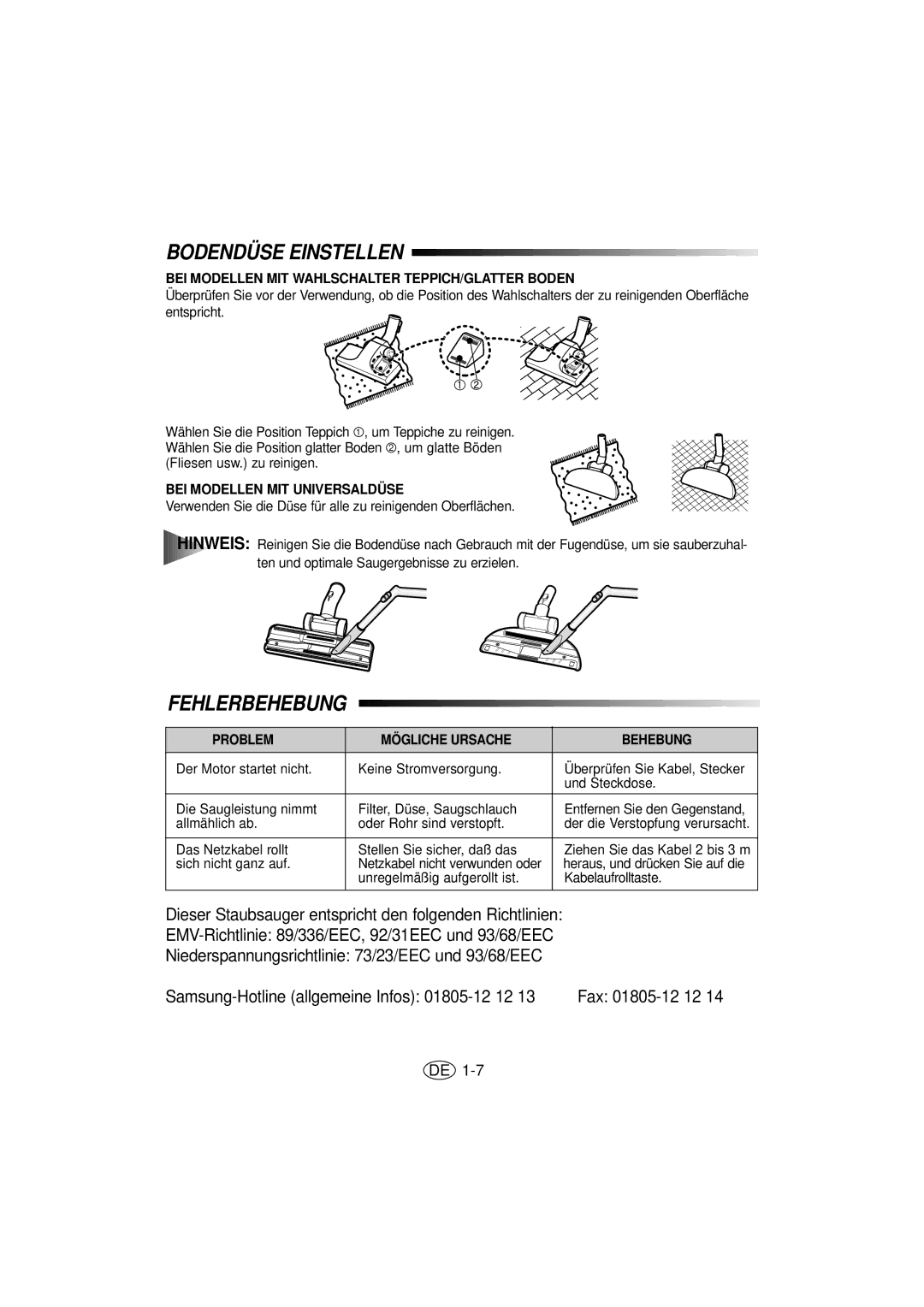 Samsung VC5815VN3S/XEG manual Bodendüse Einstellen, Fehlerbehebung, BEI Modellen MIT Wahlschalter TEPPICH/GLATTER Boden 