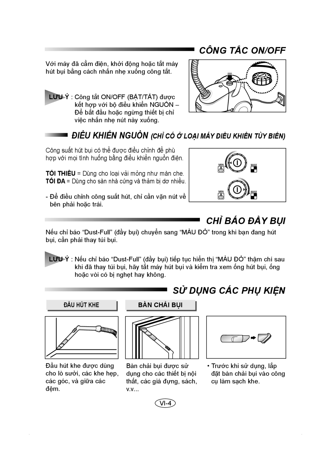 Samsung VC5853SU3K/XEV manual Công TẮ́C ON/OFF, Chỉ Bao Đầy Bui, SỬ Dung CAC PHU KIỆN, Đầu Hú́t Khe Bàn Chải Bụi 