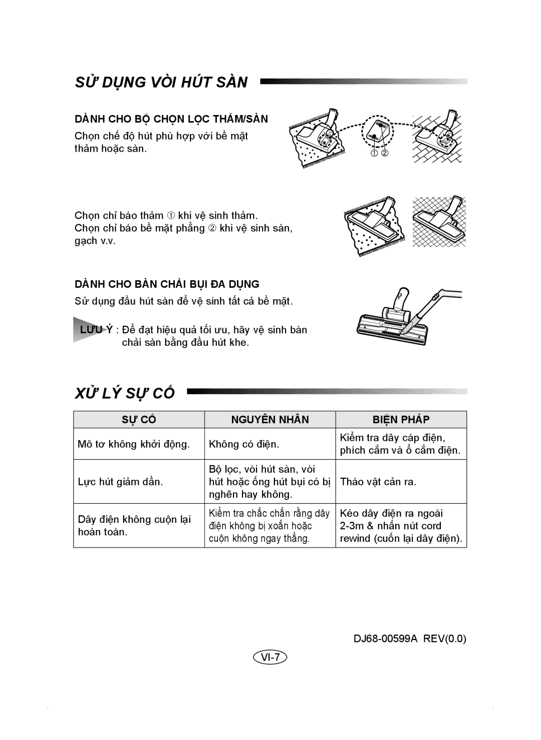 Samsung VC5853SN3K/XSV, VC5853SU3K/XEV manual SỬ Dung VÒI HUT SÀN, Xử Lý Sự Cố, Dành Cho Bộ Chọn Lọc Thảm/Sàn 