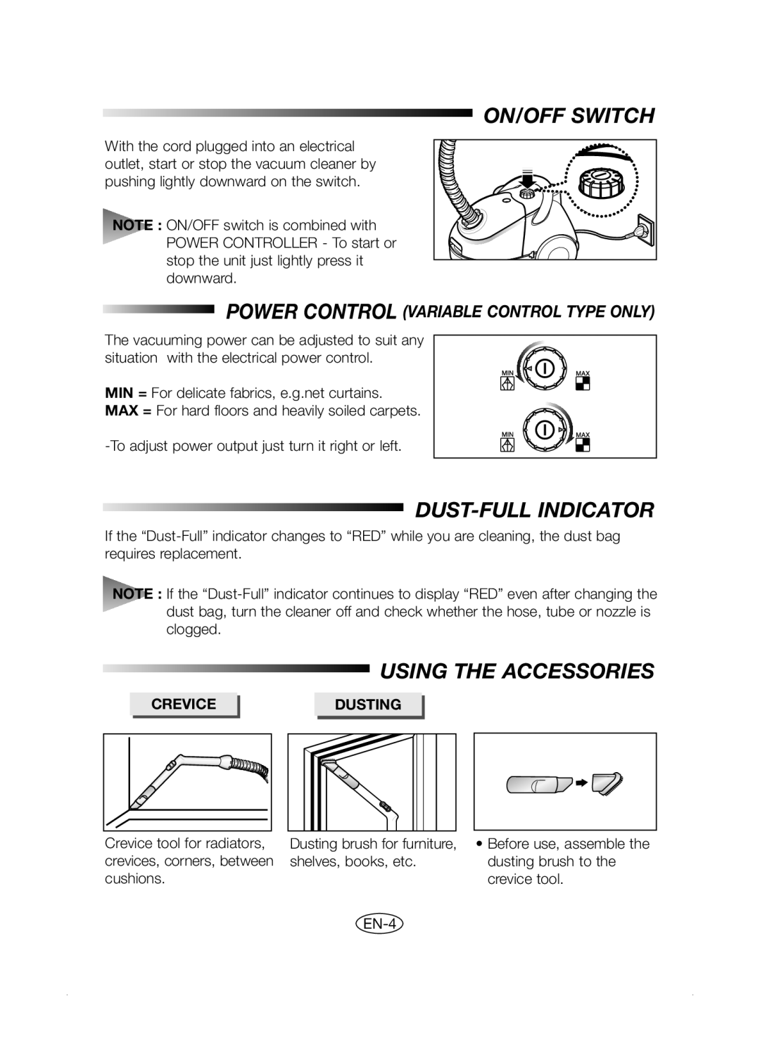 Samsung VC5853SU3K/XEV, VC5853SN3K/XSV manual ON/OFF Switch, DUST-FULL Indicator, Using the Accessories, Crevicedusting 