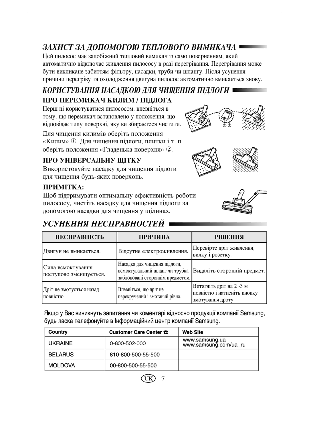 Samsung VC5853SU3K/RVC, VC5853SU3B/XEV manual Усунення Несправностей, Користування Насадкою ДЛЯ Чищення Підлоги, Примітка 