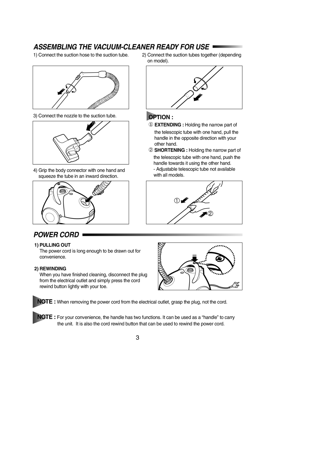 Samsung VC5915VT31/XEV, VC5915SN3G/XEV Assembling the VACUUM-CLEANER Ready for USE, Power Cord, Pulling OUT, Rewinding 