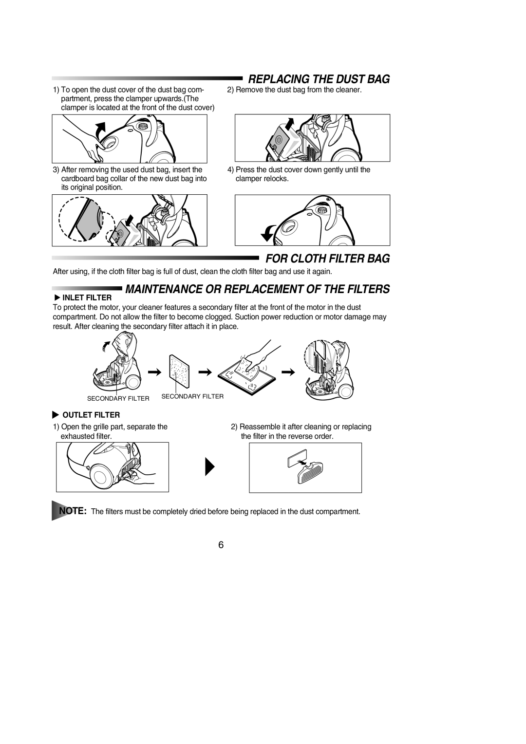 Samsung VC5915VT32/SBW, VC5915SN3G/XEV manual Replacing the Dust BAG, For Cloth Filter BAG, Inlet Filter, Outlet Filter 