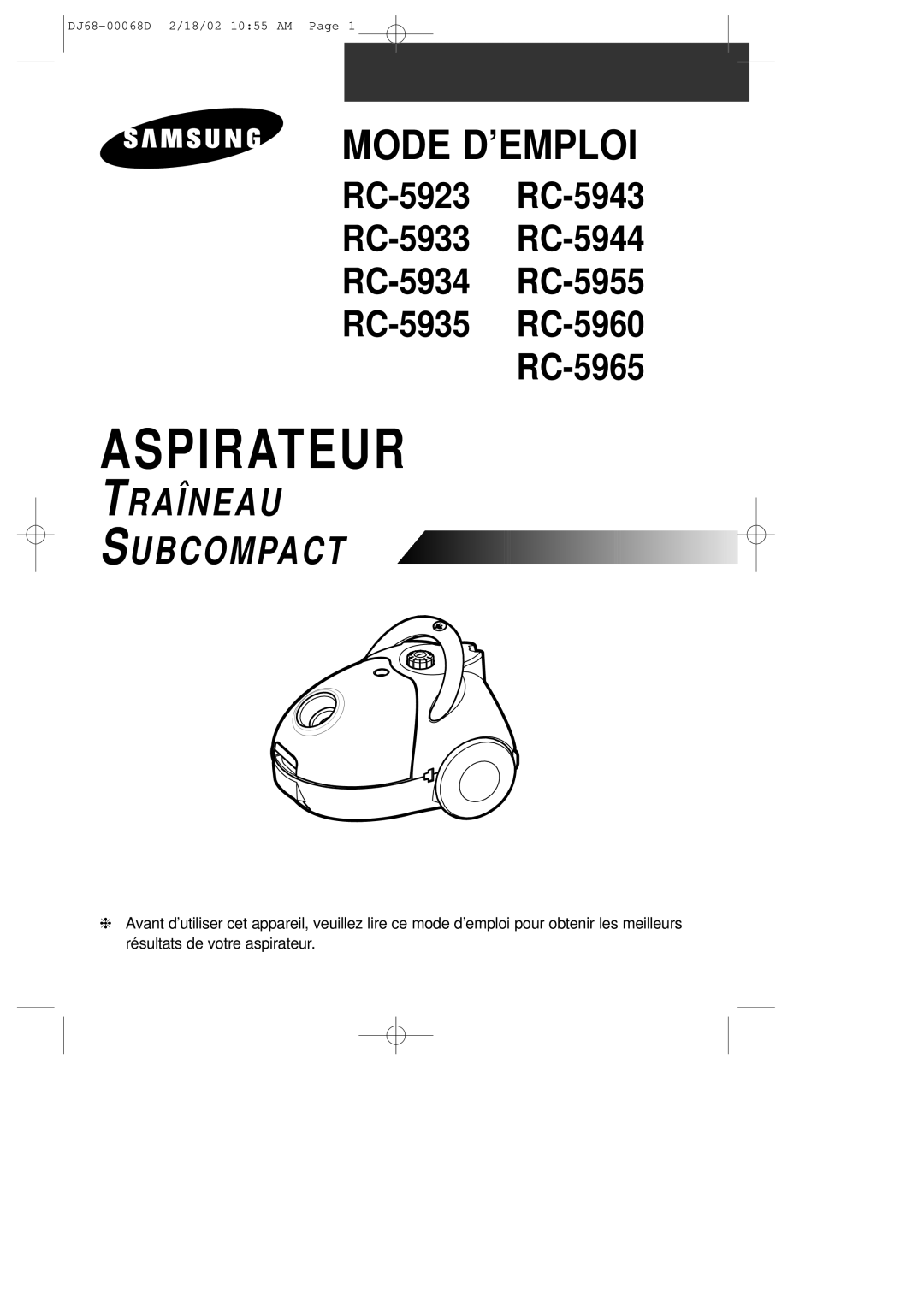 Samsung VC5915VN3K/XEF, VC5935VN3S/XEF, VC5925VN3S/XEF, VC5914VN3B/XEF, VC5913VN3Y/XEF, VC5955VN3S/XEF manual Aspirateur 