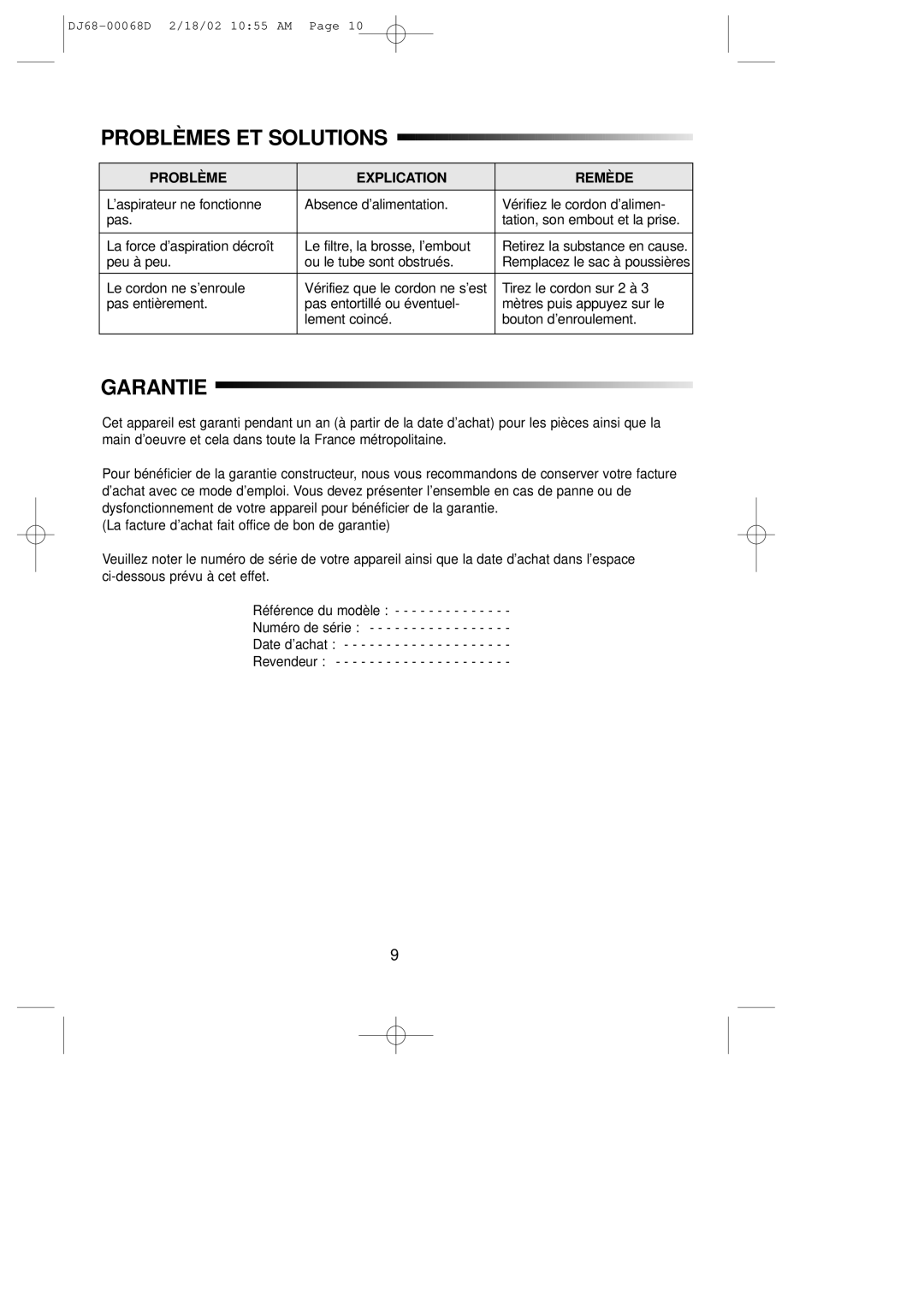 Samsung VC5913VN3Y/XEF, VC5935VN3S/XEF, VC5915VN3K/XEF, VC5925VN3S/XEF, VC5914VN3B/XEF manual Problèmes ET Solutions, Garantie 