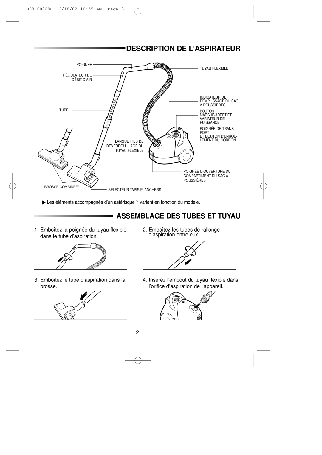 Samsung VC5914VN3B/XEF, VC5935VN3S/XEF, VC5915VN3K/XEF manual Description DE L’ASPIRATEUR, Assemblage DES Tubes ET Tuyau 