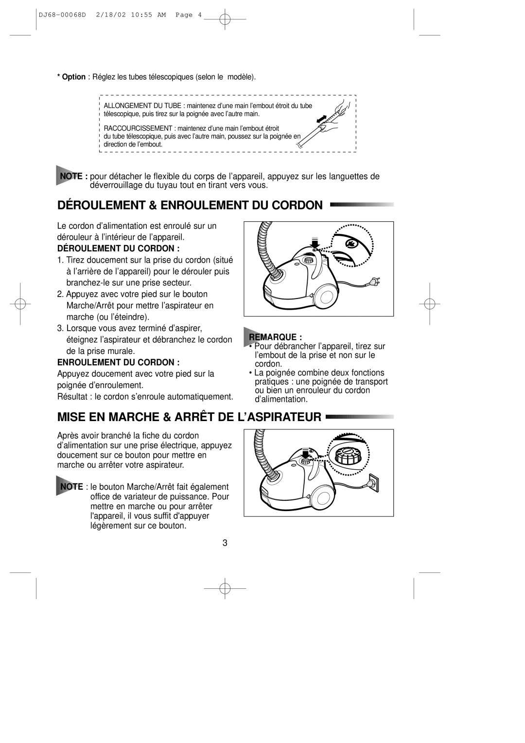 Samsung VC5913VN3Y/XEF Déroulement & Enroulement DU Cordon, Mise EN Marche & Arrêt DE L’ASPIRATEUR, Déroulement DU Cordon 