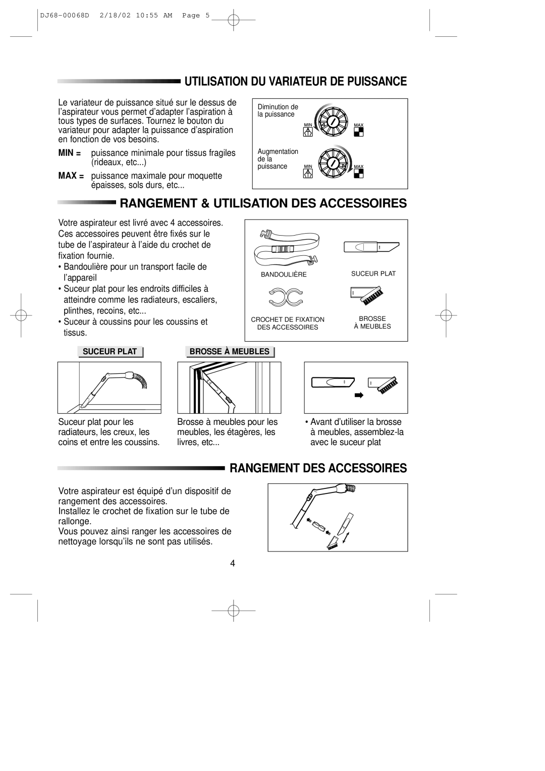 Samsung VC5955VN3S/XEF, VC5935VN3S/XEF manual Utilisation DU Variateur DE Puissance, Rangement & Utilisation DES Accessoires 