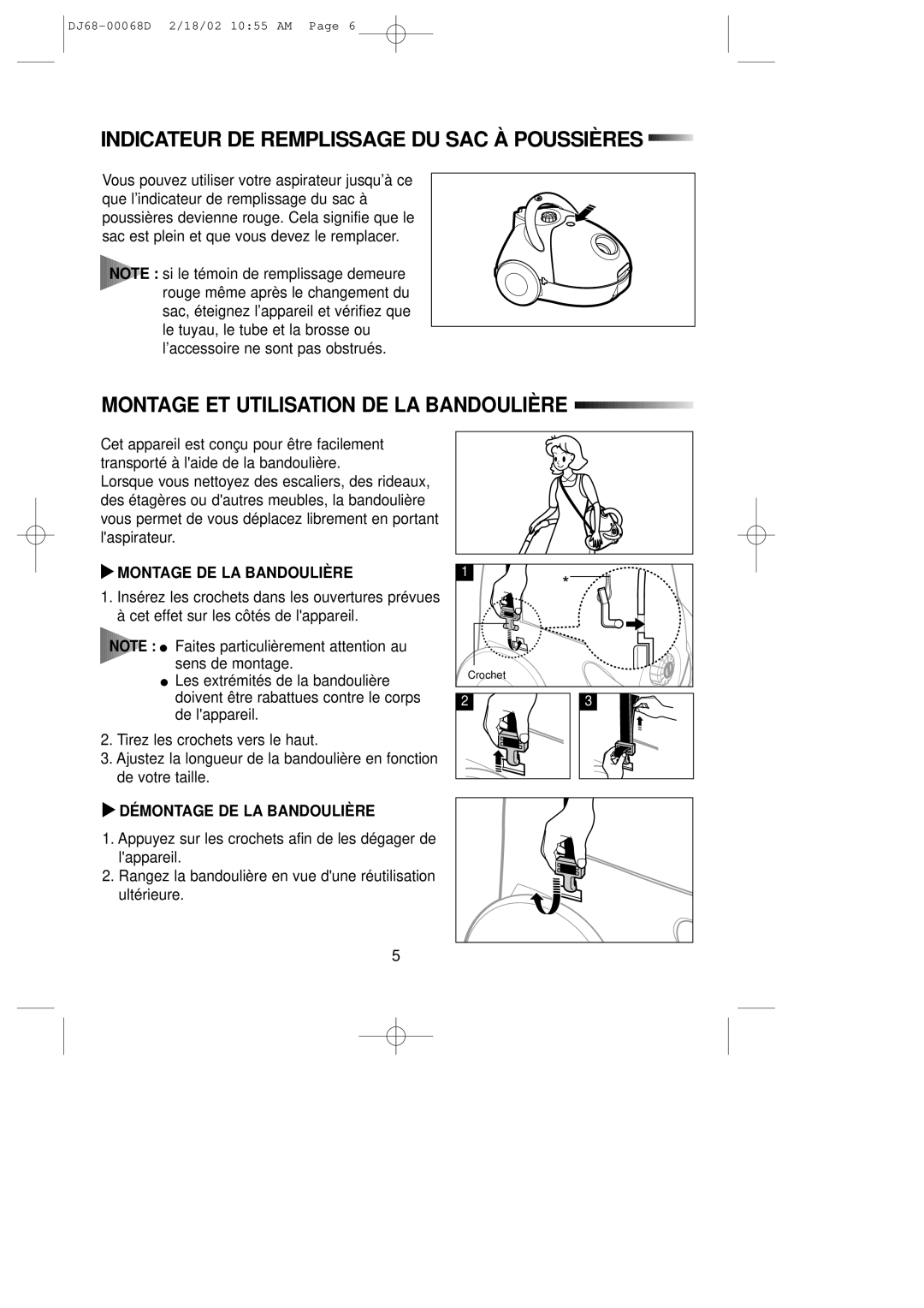 Samsung VC5935VN3S/XEF manual Indicateur DE Remplissage DU SAC À Poussières, Montage ET Utilisation DE LA Bandoulière 