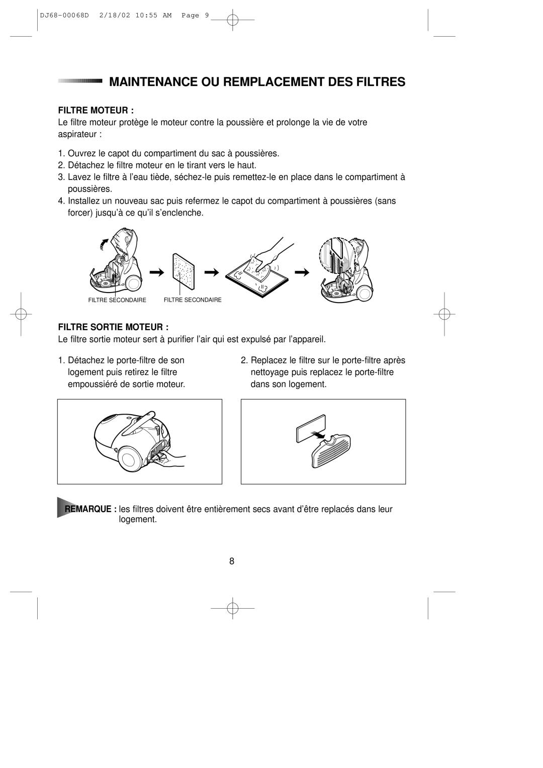 Samsung VC5914VN3B/XEF, VC5935VN3S/XEF manual Maintenance OU Remplacement DES Filtres, Filtre Moteur, Filtre Sortie Moteur 