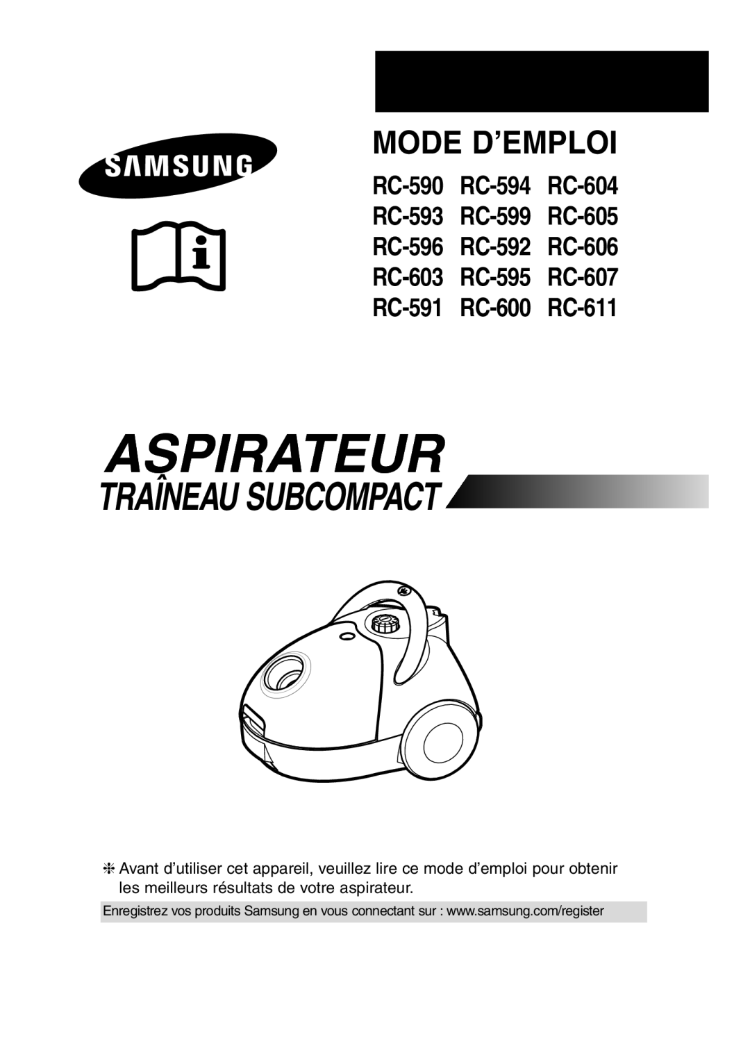 Samsung VC5981VN3P/XEF, VC5935VN3S/XEF, VC5957VN3B/XEF, VC5956VN3S/XEF, VC5981VN35/XEF, VC5981VN34/XEF manual Aspirateur 