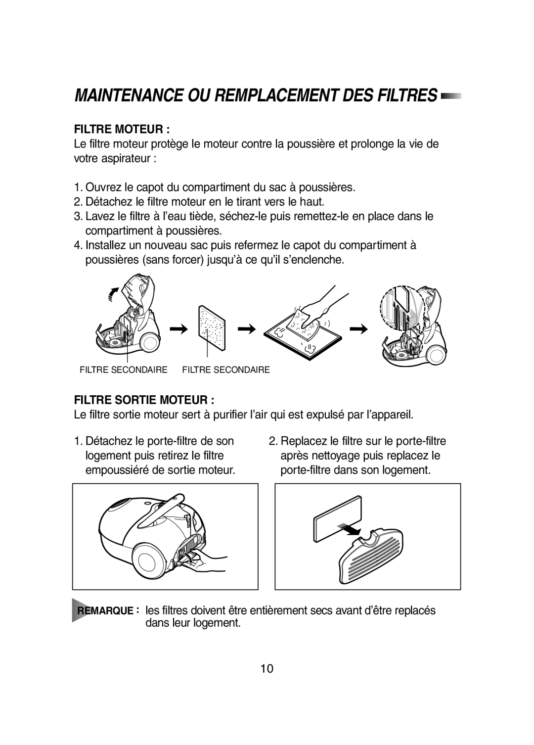 Samsung VC5958VN3S/XEF, VC5935VN3S/XEF, VC5981VN3P/XEF manual Maintenance OU Remplacement DES Filtres, Filtre Moteur 