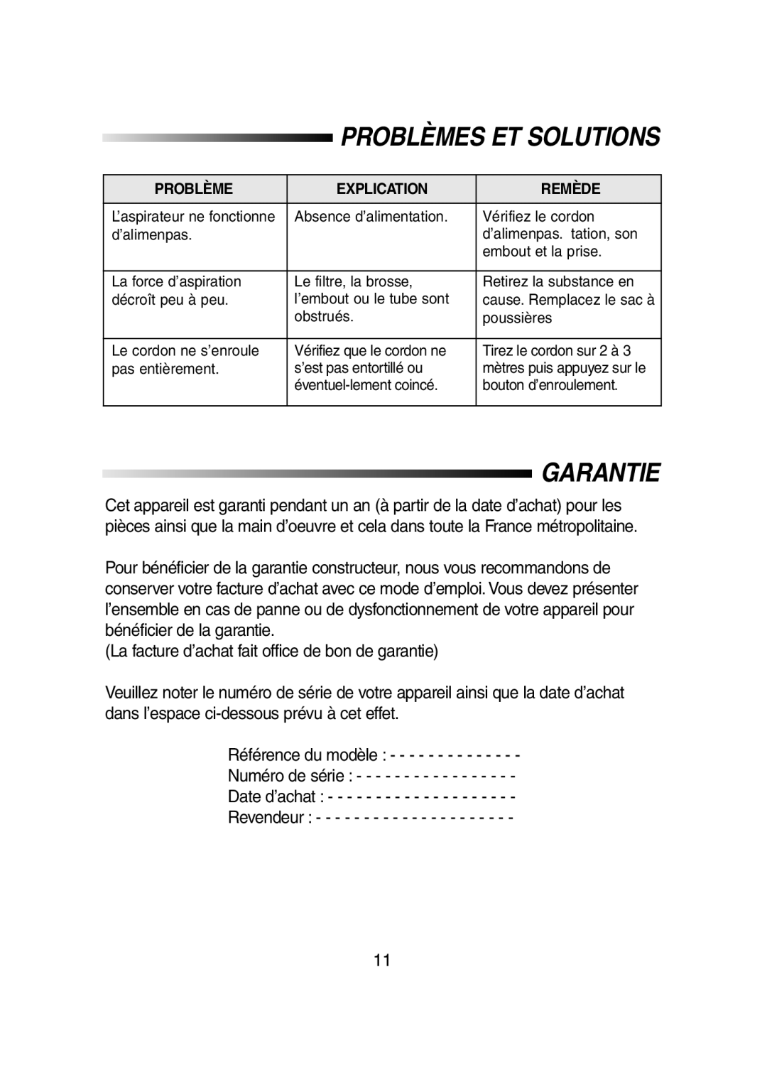 Samsung VC5956VN3B/XEF, VC5935VN3S/XEF, VC5981VN3P/XEF, VC5957VN3B/XEF, VC5956VN3S/XEF manual Problèmes ET Solutions, Garantie 