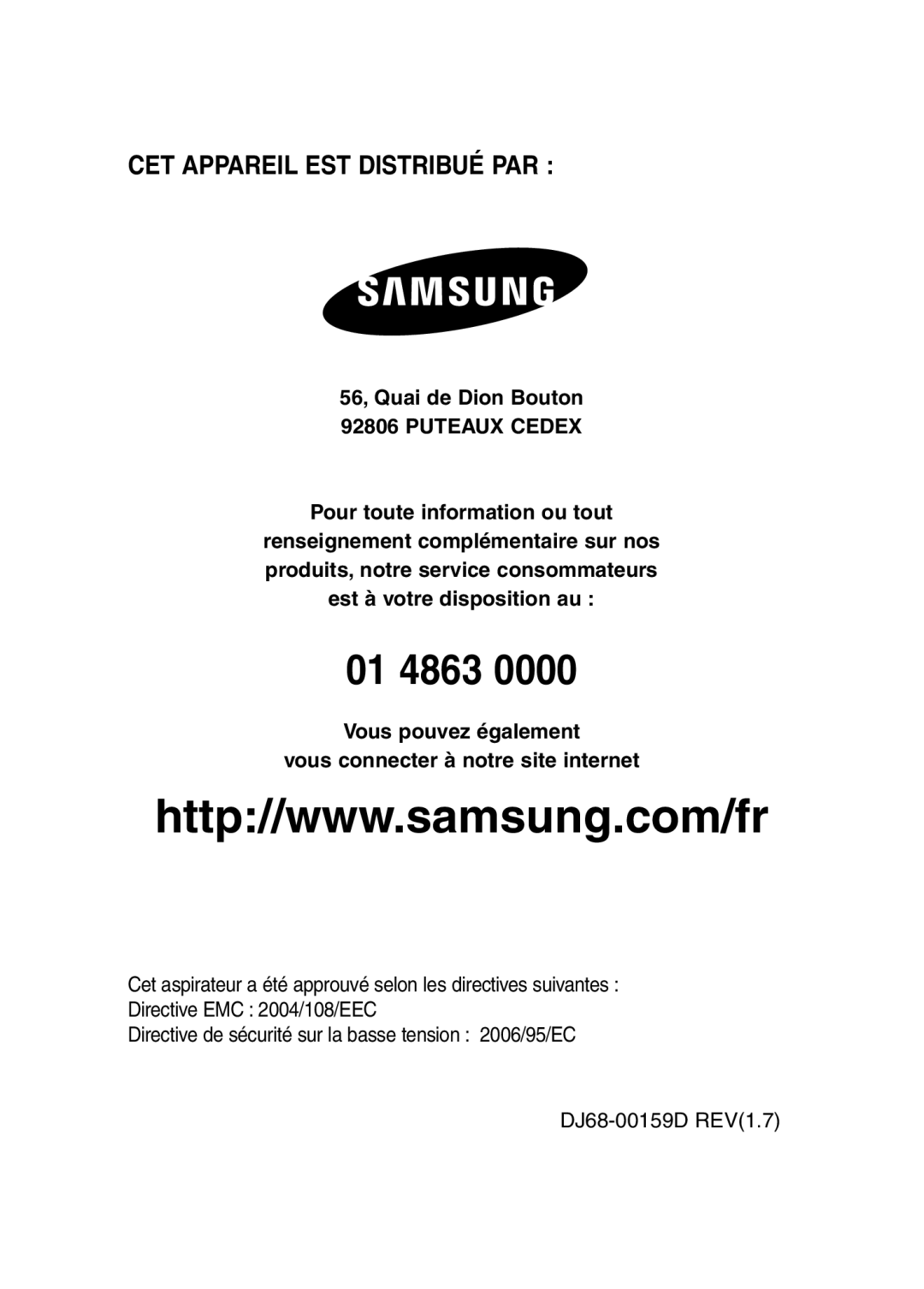 Samsung VC5956VN3R/XEF, VC5935VN3S/XEF, VC5981VN3P/XEF, VC5957VN3B/XEF, VC5956VN3S/XEF, VC5981VN35/XEF, VC5981VN34/XEF 01 4863 