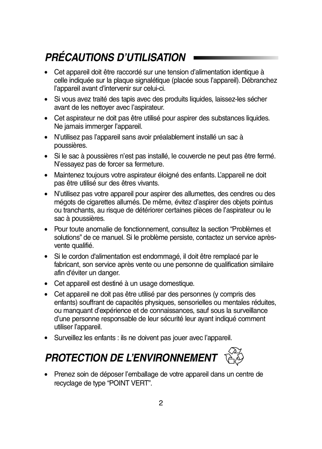 Samsung VC5957VN3B/XEF, VC5935VN3S/XEF, VC5981VN3P/XEF manual Précautions D’UTILISATION, Protection DE L’ENVIRONNEMENT 