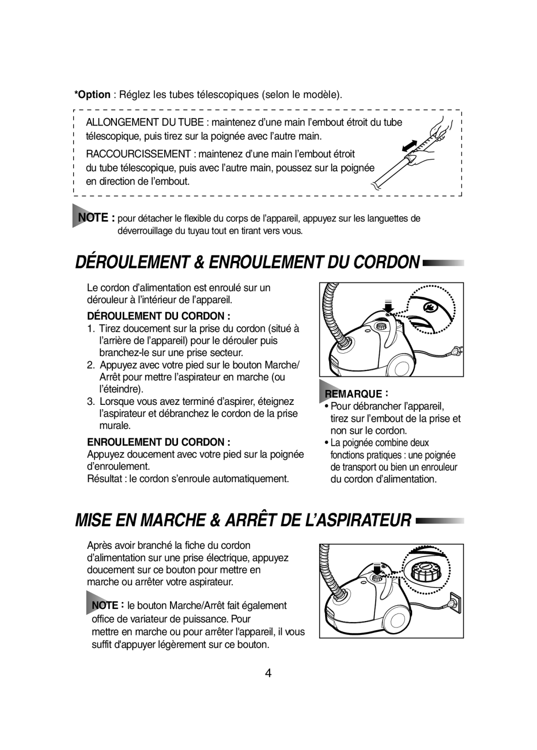 Samsung VC5981VN35/XEF, VC5935VN3S/XEF manual Déroulement & Enroulement DU Cordon, Mise EN Marche & Arrêt DE L’ASPIRATEUR 