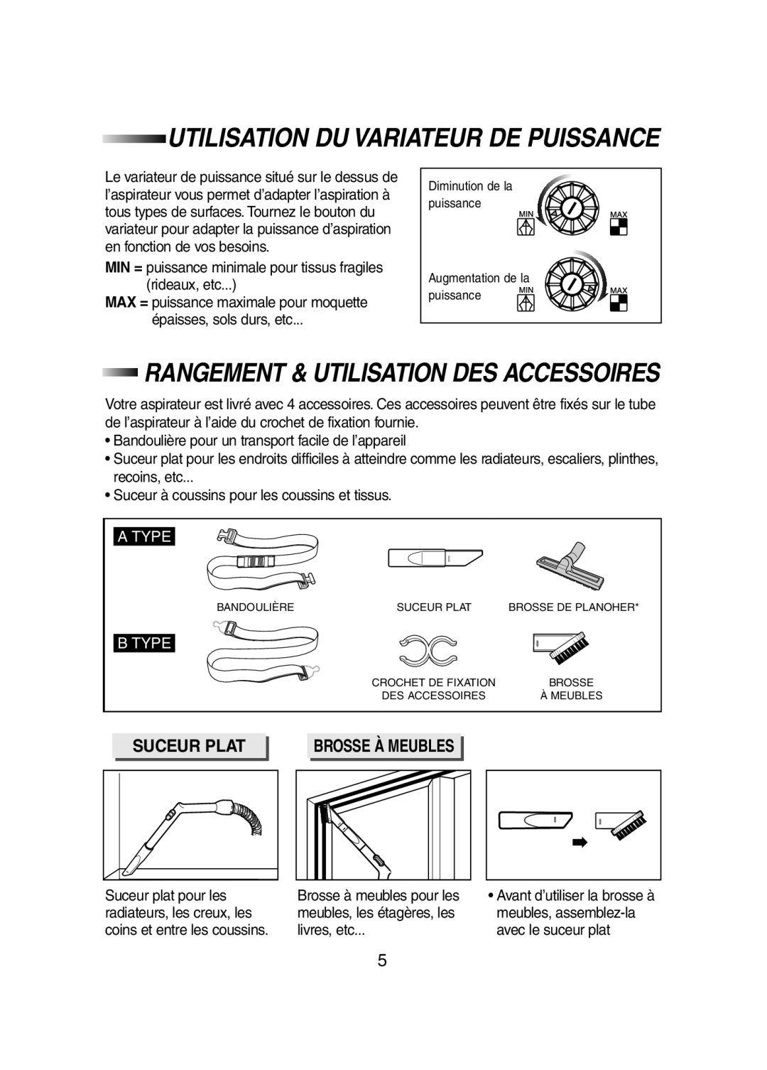 Samsung VC5981VN34/XEF Utilisation DU Variateur DE Puissance, MIN = puissance minimale pour tissus fragiles rideaux, etc 