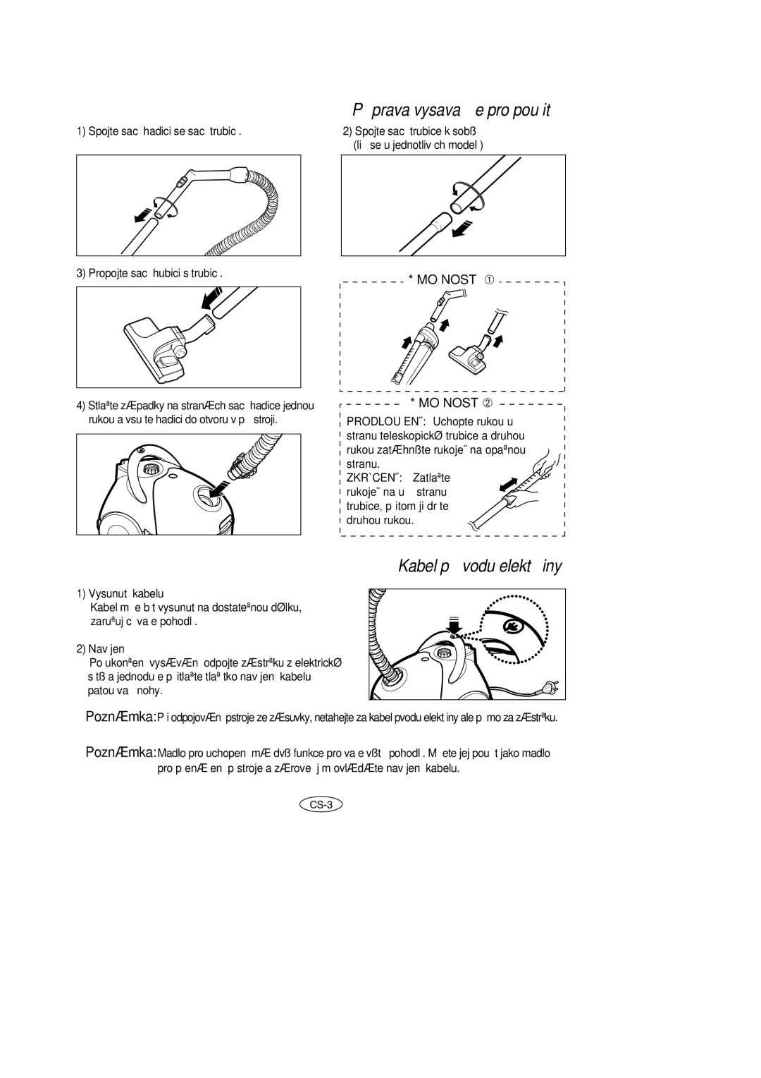 Samsung VC5914VN3S/XEC manual Pﬁíprava vysavače pro použití, Kabel pﬁívodu elektﬁiny, Zkrácení Zatlaãte, Vysunutí kabelu 