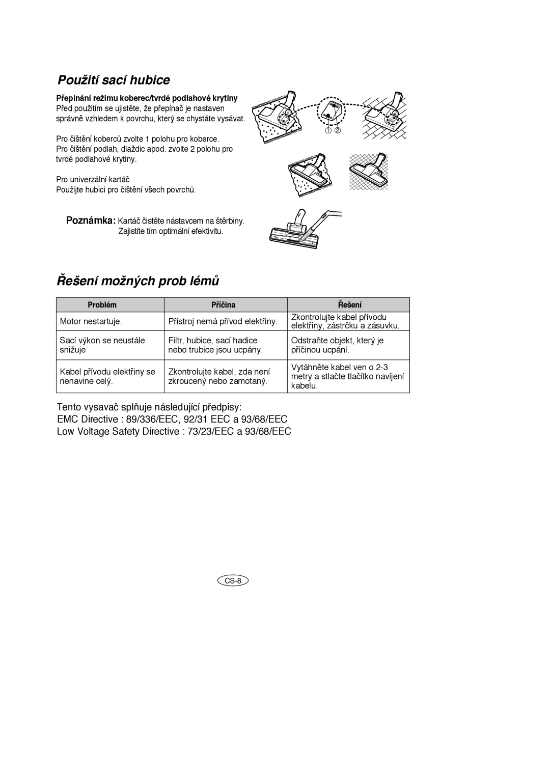 Samsung VC5915VN3K/XEH, VC5956VN3B/XEG manual Použití sací hubice, ¤ešení možných prob lémÛ, Problém Pﬁíčina ¤ešení 