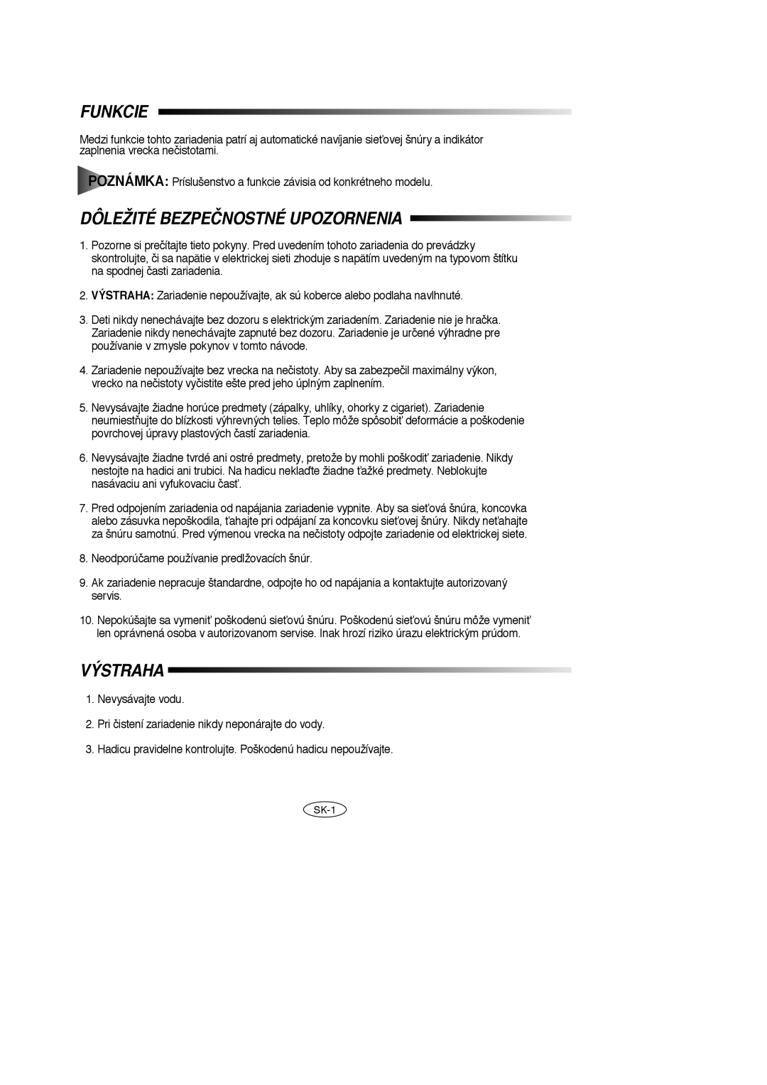 Samsung VC5913SN3S/SBW, VC5956VN3B/XEG, VC5914VN3S/XEC, VC5924SN3S/XEH Funkcie, Dôležité Bezpečnostné Upozornenia, Výstraha 