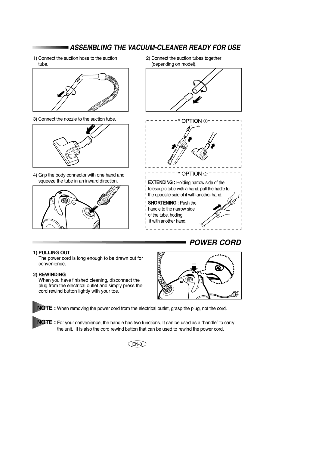 Samsung VC5913SN3S/XEH, VC5956VN3B/XEG, VC5914VN3S/XEC manual Power Cord, Assembling the VACUUM-CLEANER Ready for USE 