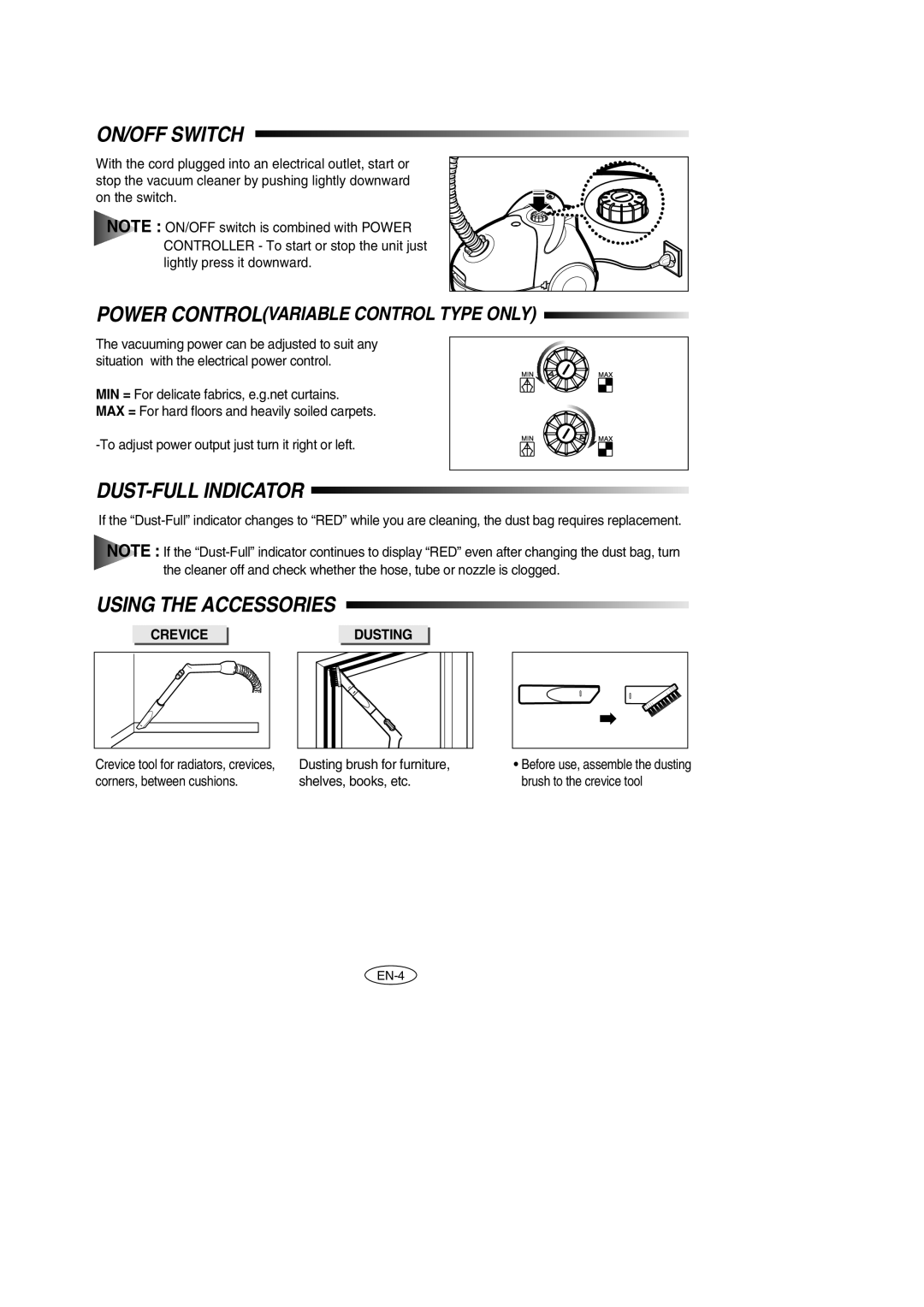 Samsung VC5913SN3S/SBW, VC5956VN3B/XEG, VC5914VN3S/XEC manual ON/OFF Switch, DUST-FULL Indicator, Using the Accessories 