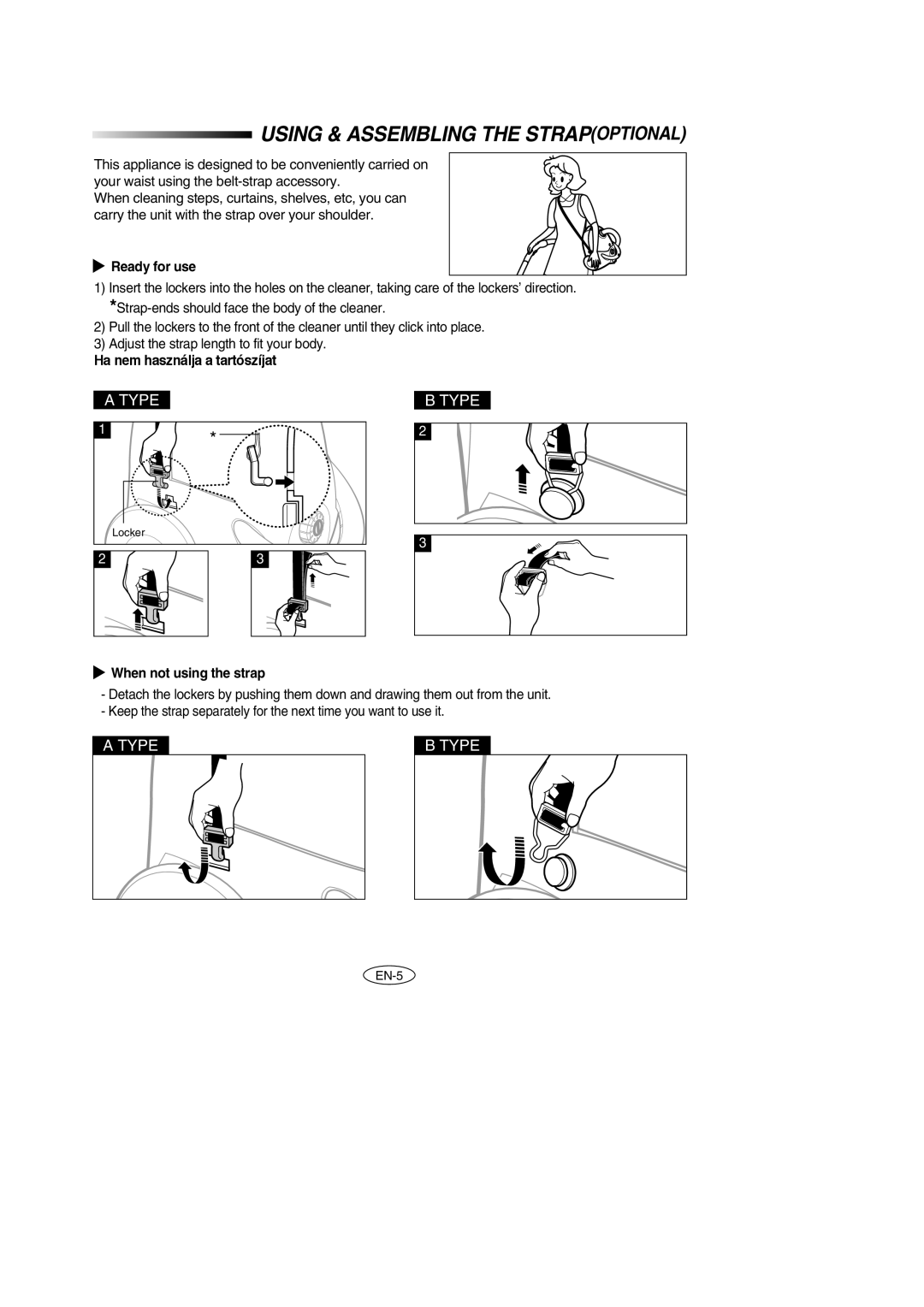 Samsung VC5914VN3K/XEH, VC5956VN3B/XEG, VC5914VN3S/XEC, VC5924SN3S/XEH, VC5956VC3O/XEH Using & Assembling the Strapoptional 