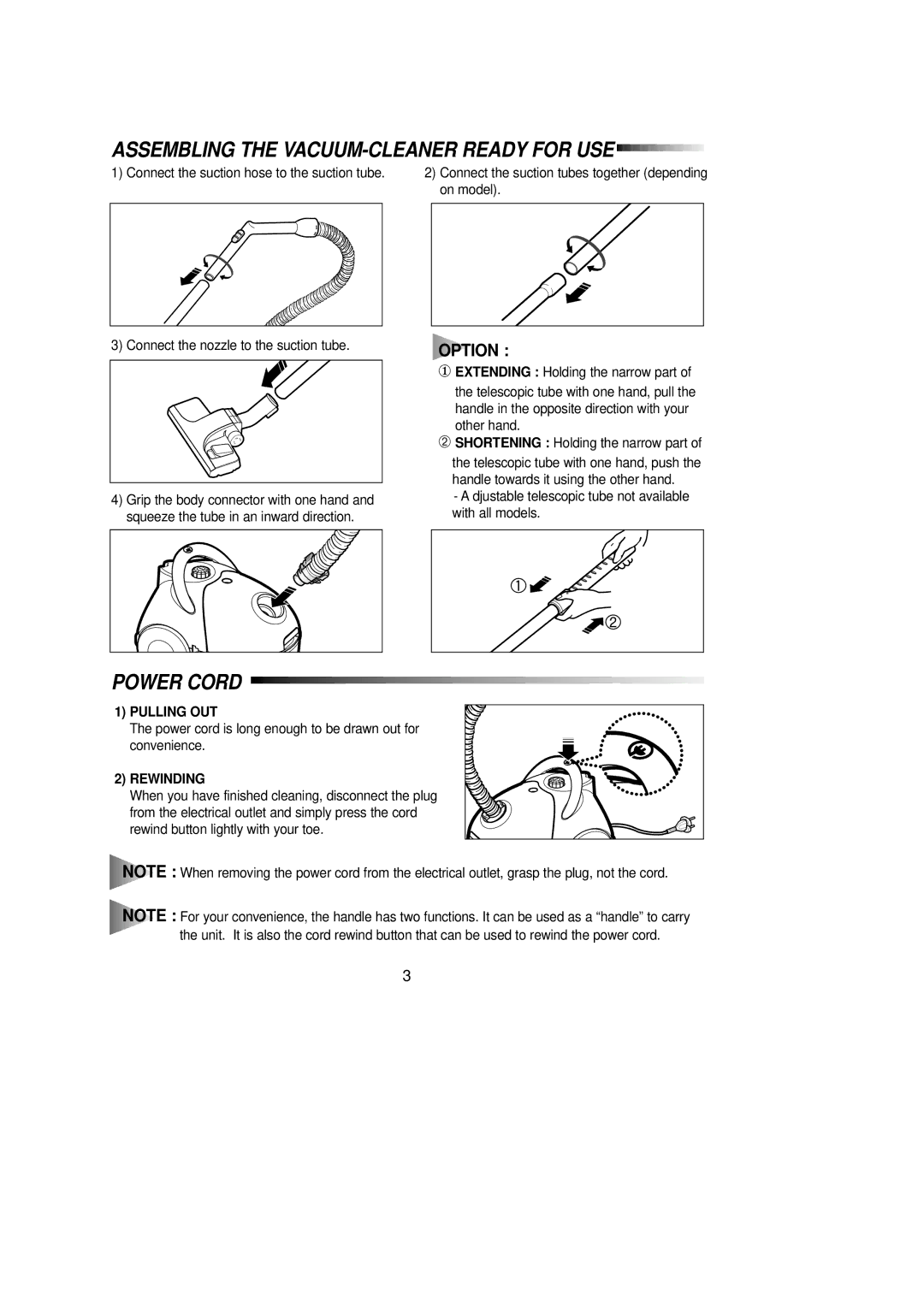 Samsung VC-5913V, VC5956VN3K/XEG, VC5915VN3S/ERP, VC5914VN3S/XEG, VC5915VN3S/XEN manual Power Cord, Pulling OUT, Rewinding 