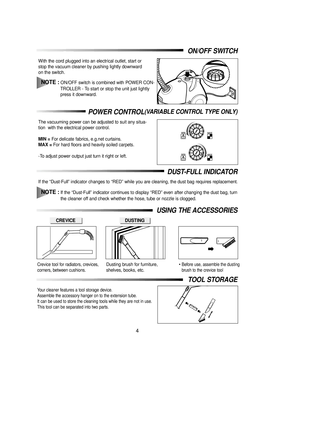 Samsung VC5956VN3B/XEG, VC5956VN3K/XEG, VC-5913V ON/OFF Switch, Using the Accessories, Tool Storage, DUST-FULL Indicator 