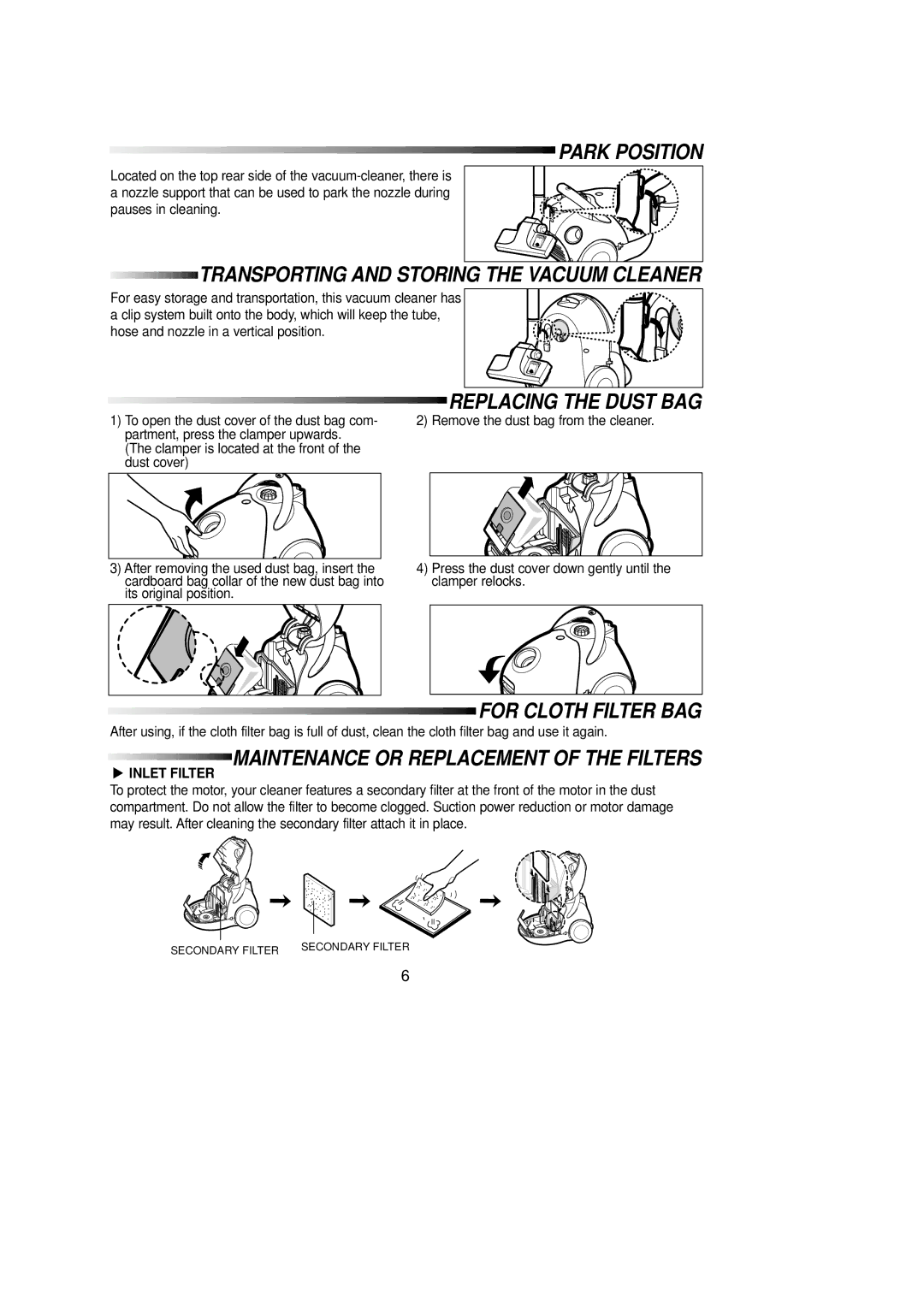 Samsung VC5914VN3V/XEV, VC5956VN3K/XEG, VC-5913V Park Position, Replacing the Dust BAG, For Cloth Filter BAG, Inlet Filter 