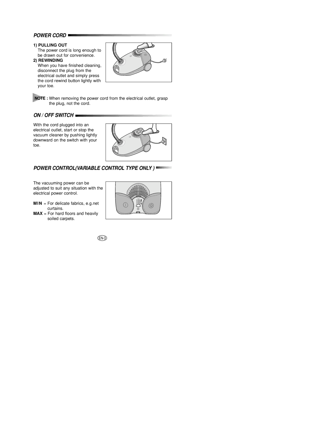 Samsung VC6014SU3B/XEH manual Pulling OUT, Power cord is long enough to be drawn out for convenience, Rewinding 