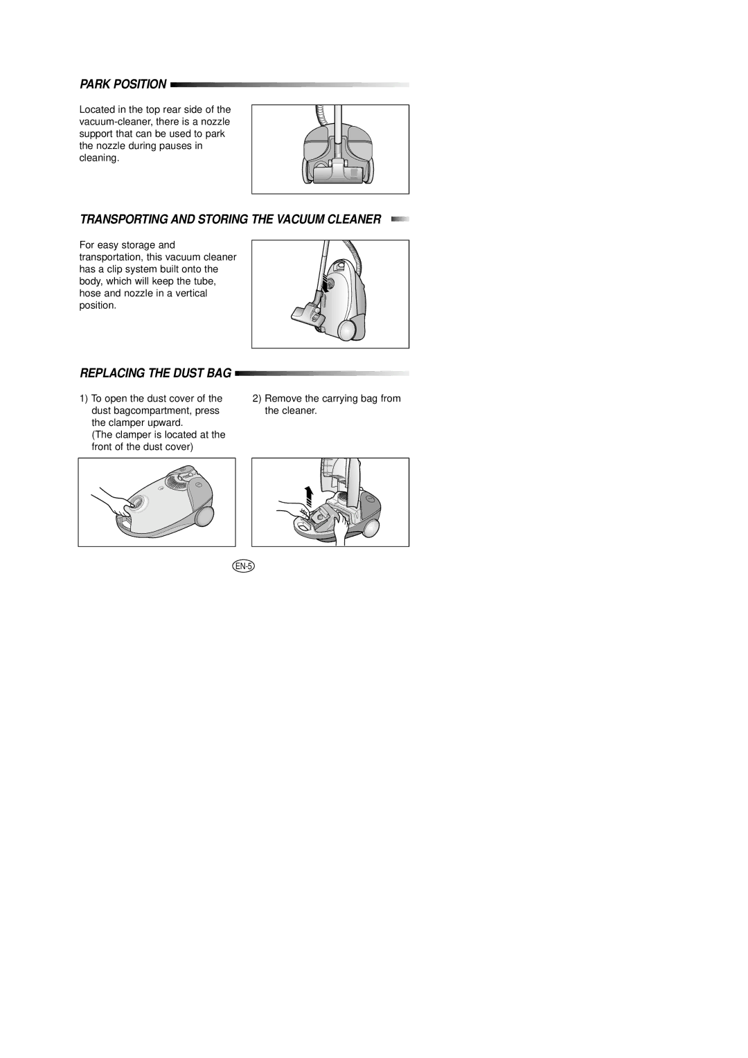 Samsung VC6014SU3B/XEH manual Transporting and Storing the Vacuum Cleaner 