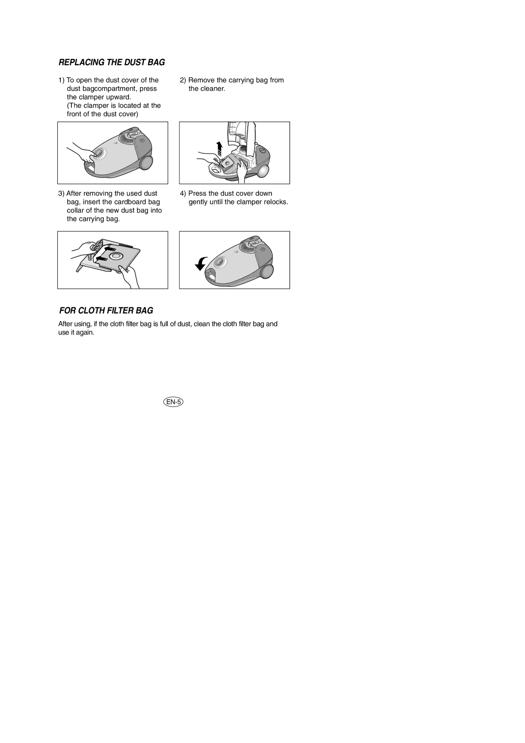 Samsung VC6025VN3R/XEV, VC6025VN3R/SBW manual Replacing the Dust BAG, For Cloth Filter BAG 