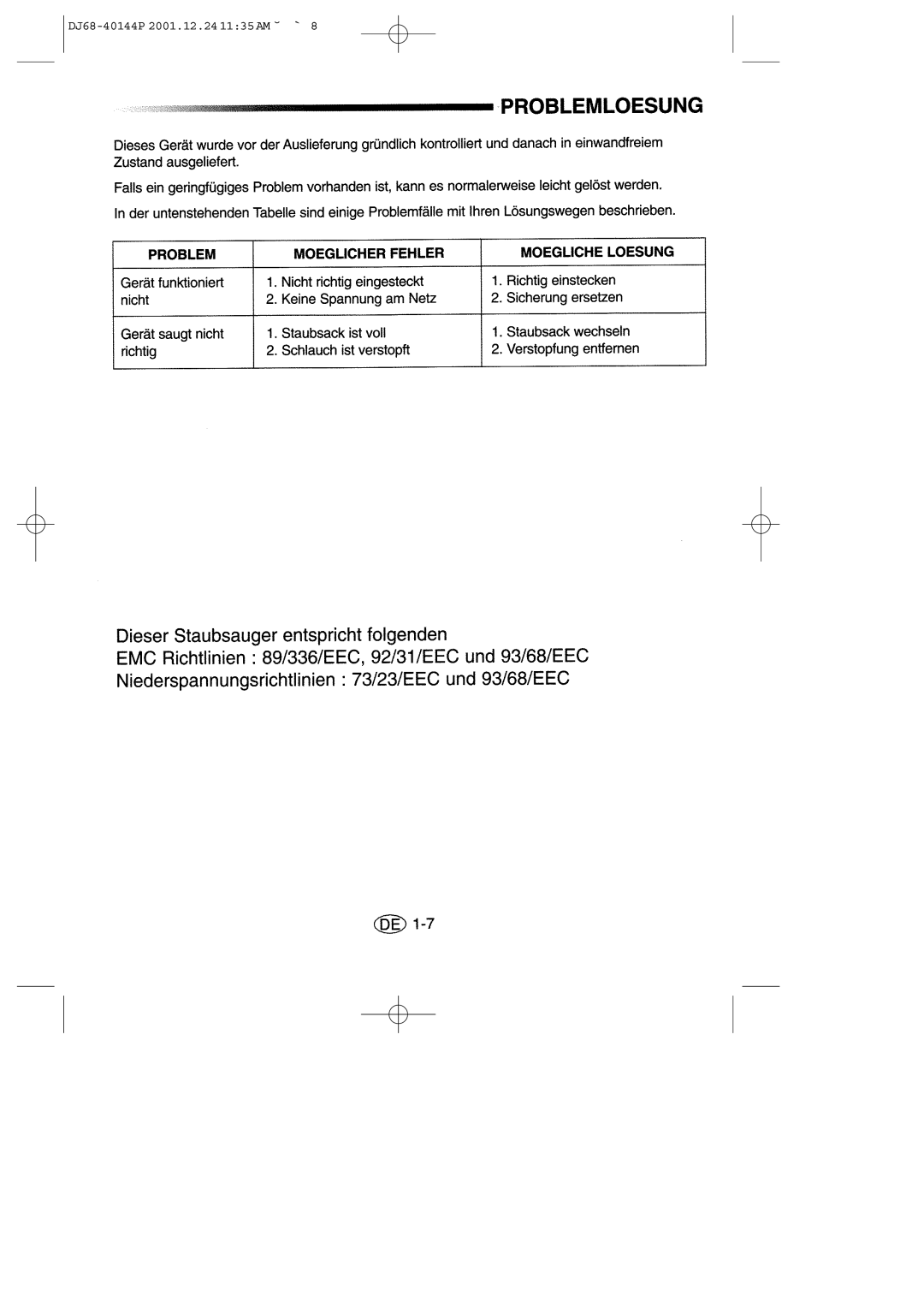 Samsung VC6313SS3B/XEG, VC6313HS3R/XEG manual DJ68-40144P 2001.12.241135AM ˘ ` 