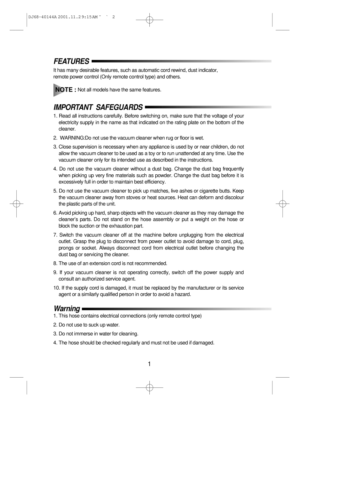 Samsung VC6313HS3R/XEG, VC6313SS3B/XEG, VC6314HS3R/BOL, VC6313SS3B/BOL, VC6313HS3R/BOL manual Features, Important Safeguards 