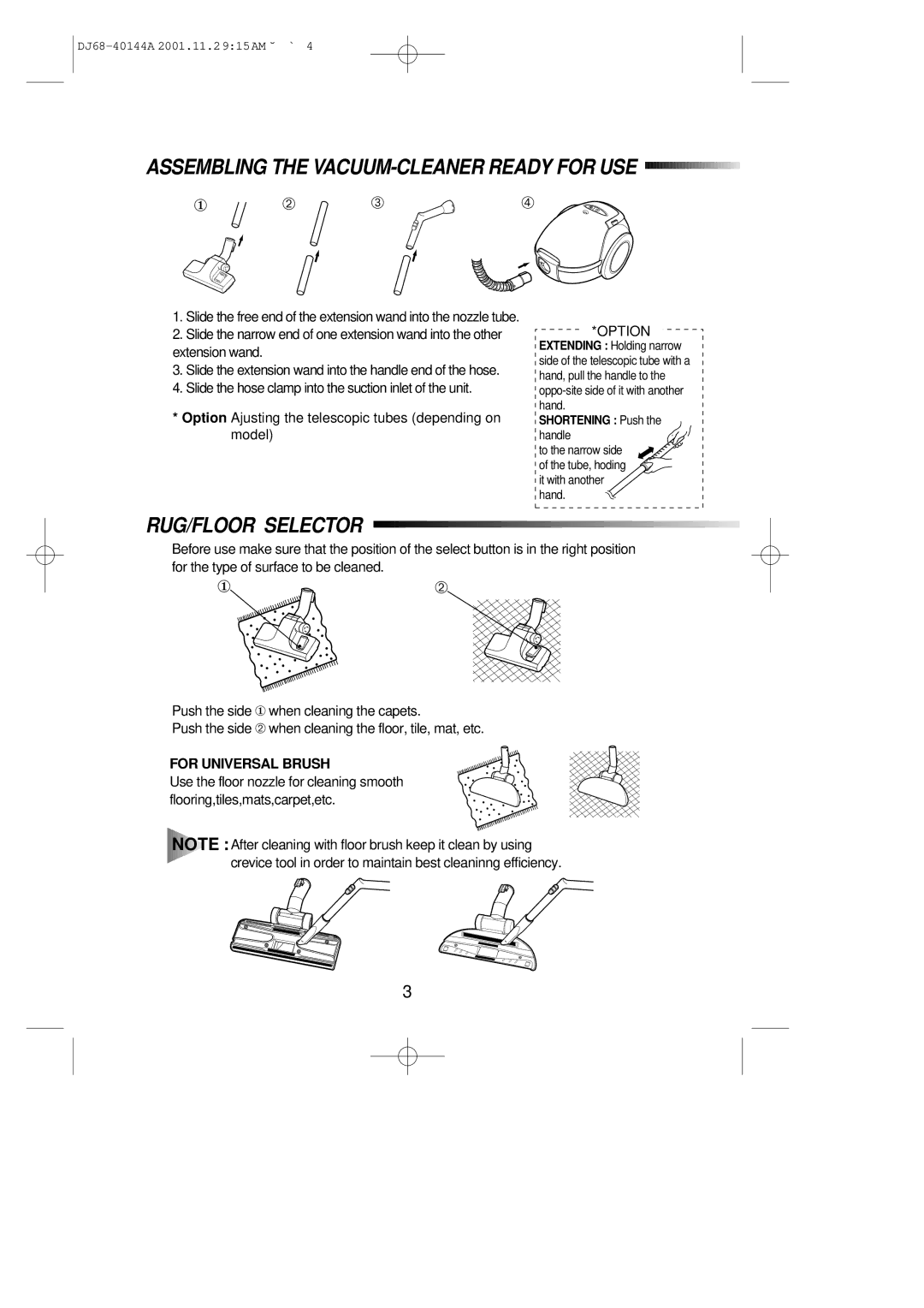 Samsung VC6313HS3R/BOL manual Assembling the VACUUM-CLEANER Ready for USE, RUG/FLOOR Selector, Option, For Universal Brush 