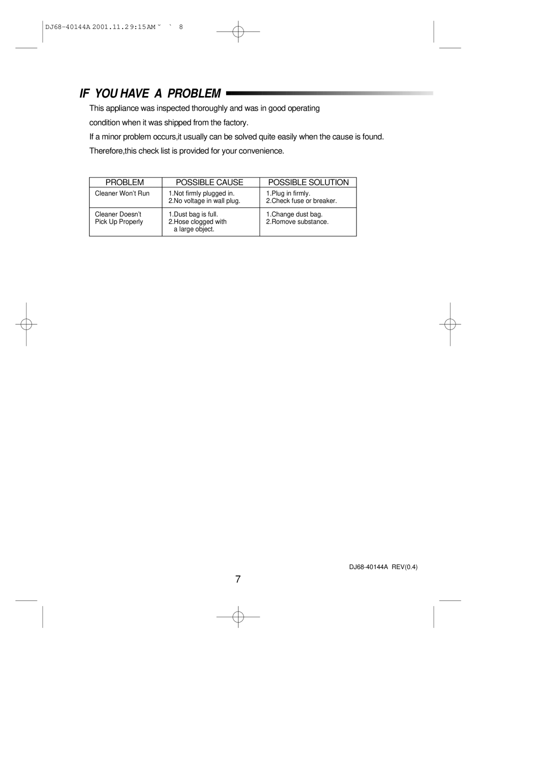 Samsung VC6314SS3B/BOL, VC6313SS3B/XEG, VC6314HS3R/BOL manual If YOU have a Problem, Problem Possible Cause Possible Solution 