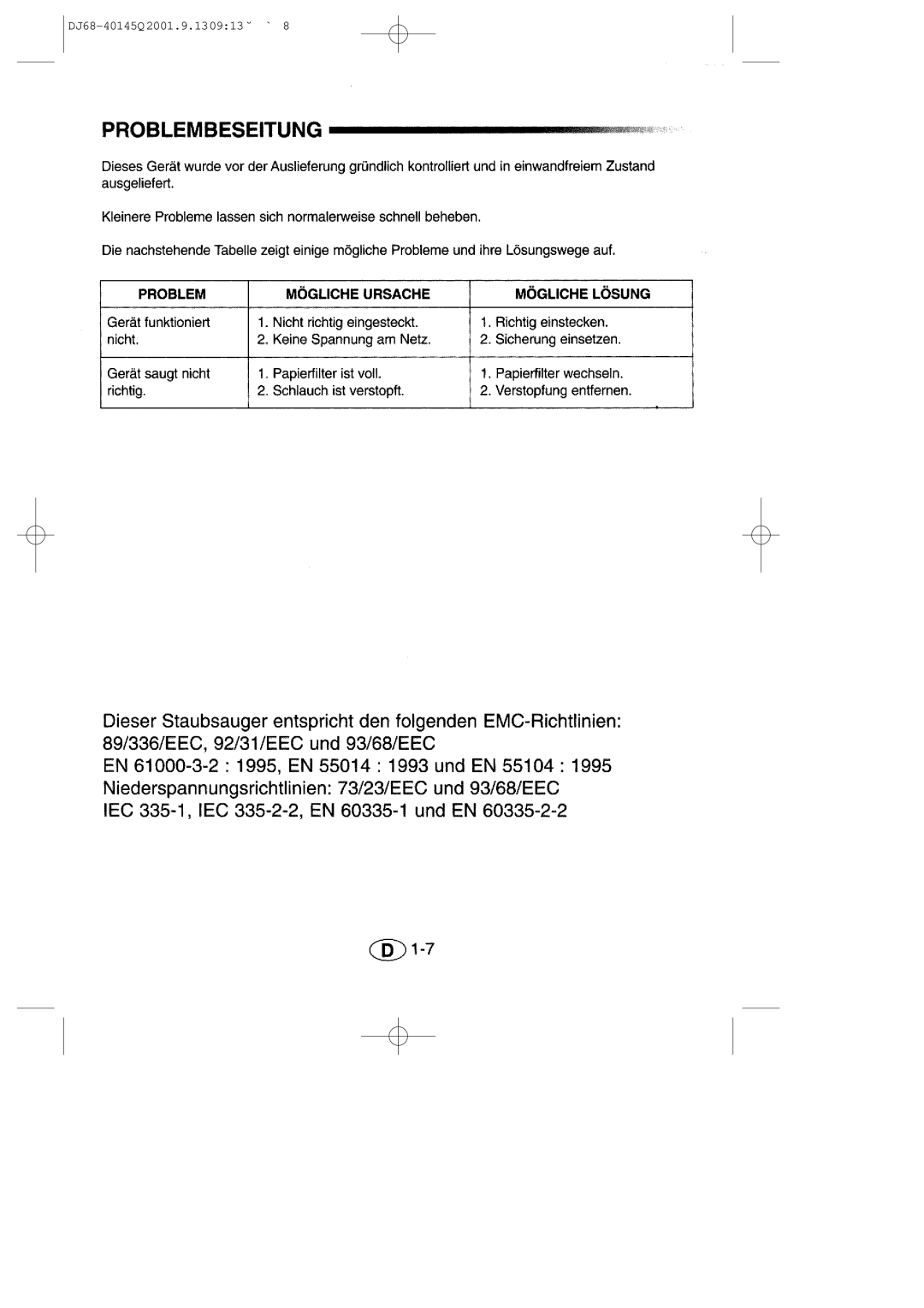 Samsung VC6713HN3S/XEG manual DJ68-40145Q 2001.9.130913 ˘ ` 