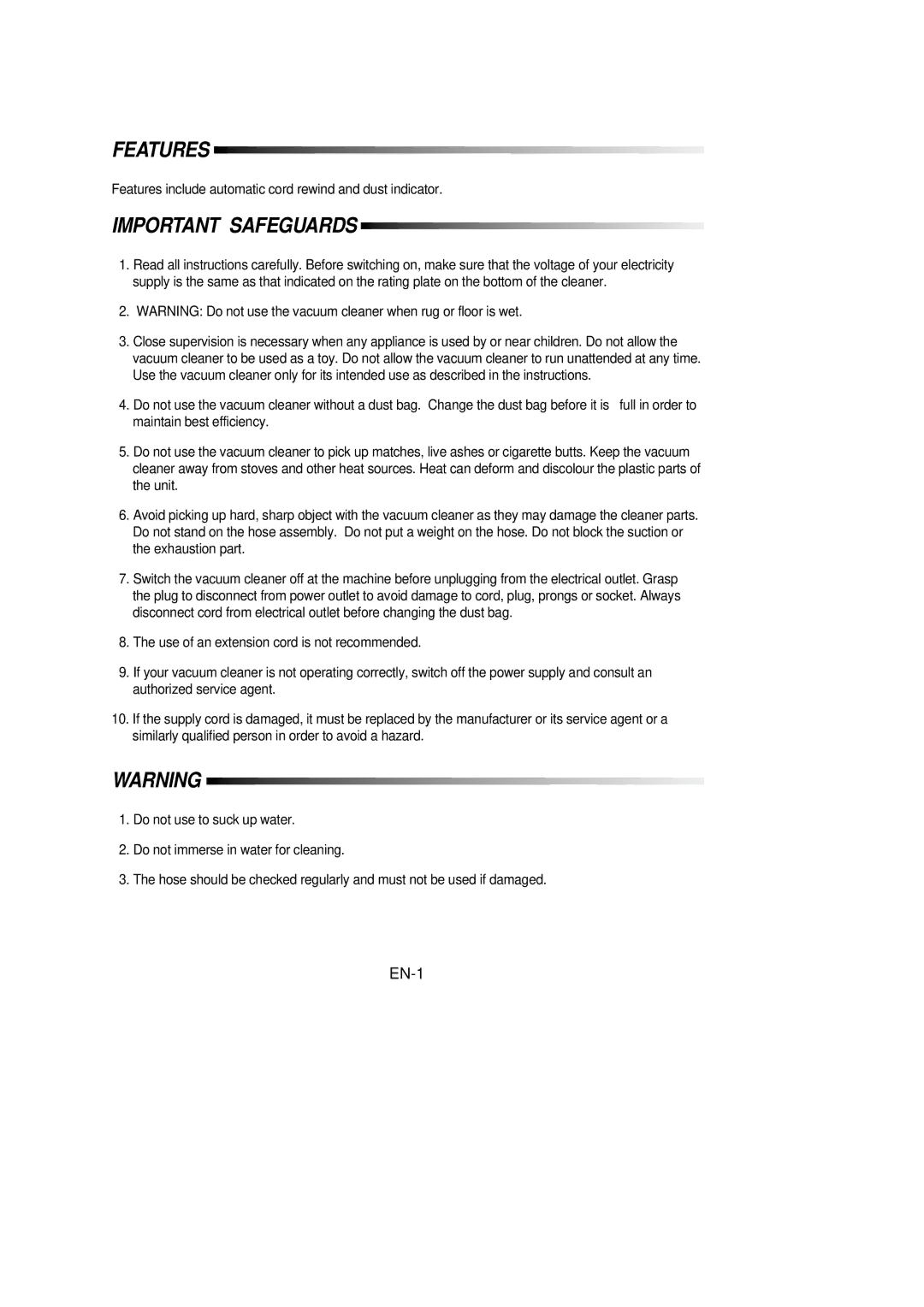 Samsung VC6915HN3S/SBW, VC6915HN3R/SBW manual Important Safeguards, EN-1 