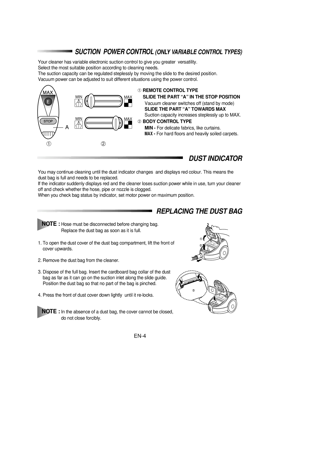 Samsung VC6915HN3R/SBW, VC6915HN3S/SBW manual Dust Indicator, Replacing the Dust BAG, EN-4, ➁ Body Control Type 