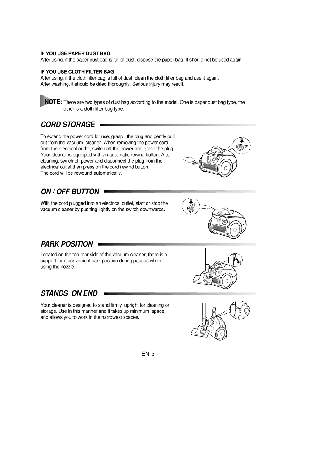 Samsung VC6915HN3S/SBW, VC6915HN3R/SBW manual Cord Storage, On / OFF Button, Park Position, Stands on END, EN-5 